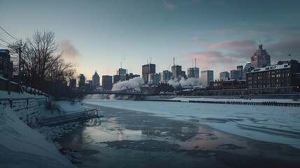 Poster - Daylight view of downtown Montreal from Griffintown in winter morning : Generative AI