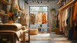 © fivan - A cozy knitwear shop with sweaters and scarves artfully draped over wooden racks and tables, with a warm, inviting atmosphere created by soft lighting and rustic decor