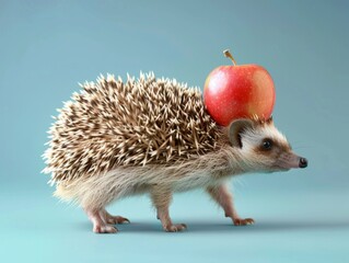Canvas Print - Medium shot of hedgehog carries apple on his back