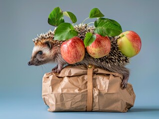 Sticker - Medium shot of hedgehog carries apple on his back