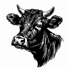 A black and white drawing of a cow 's head