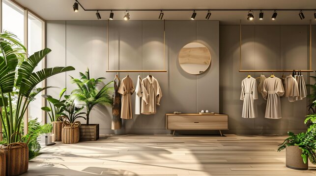 A modern fashion showroom with a monochromatic color scheme, featuring sleek clothing racks, large mirrors, and spotlights highlighting the garments