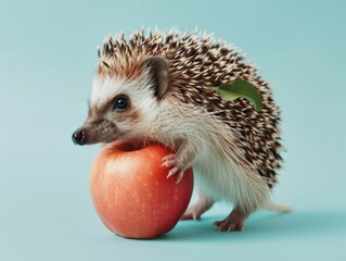 Wall Mural - Medium shot of hedgehog carries apple on his back