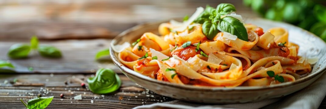 A close-up shot of a delicious homemade pasta dish with tomato sauce and fresh basil. The pasta is served on a rustic wooden table and garnished with fresh herbs