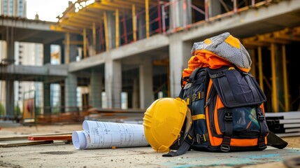 A school bag on a construction site with safety gear and blueprints, suitable for educational tours