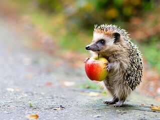 Wall Mural - Medium shot of hedgehog carries apple on his back