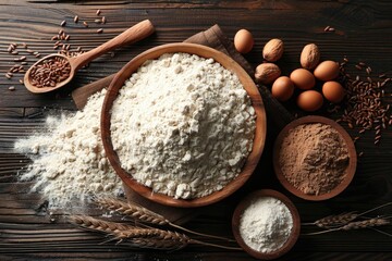 Various baking ingredients including flour, eggs, and grains are arranged on a rustic wooden table for a wholesome, natural cooking scene.