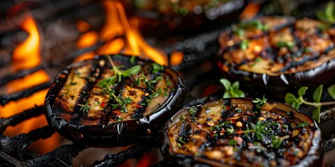 Wall Mural - Grilled eggplants seasoned with herbs cooking on barbecue grill with fire. Concept Grilled Eggplants, BBQ Cooking, Seasoned with Herbs, Flame-Kissed, Outdoor Barbecue