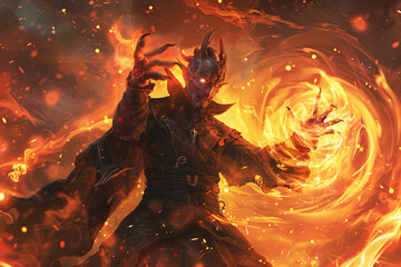 Wall Mural - A detailed illustration of a tiefling warlock casting a dark spell, with demonic energy swirling around their outstretched hand, set against a fiery and chaotic background