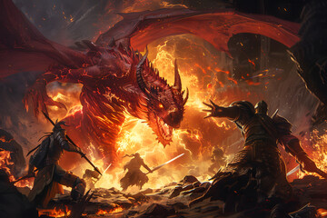Wall Mural - A high-resolution illustration of a climactic battle between a group of adventurers and a red dragon, with flames, smoke, and intense action capturing the chaos and danger of the fight 
