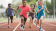 © Bonsales - Children running on track with determined expressions, leading race in brightly colored sportswear. Green trees and blurred background enhance energetic and competitive atmosphere