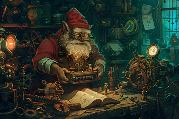 Wall Mural - A high-resolution illustration of a gnome artificer tinkering with a mechanical contraption, surrounded by various gears, tools, and blueprints in a cluttered workshop