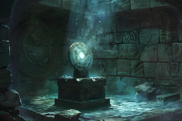 Wall Mural - A high-resolution illustration of an ancient, glowing amulet resting on a pedestal in a dimly lit chamber, with runes carved into the stone walls and an aura of mystery and power