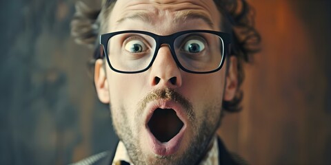 Man in glasses looking surprised and disappointed after being rejected at work. Concept Corporate rejection, Disappointed expression, Shocked reactions, Eyeglasses wearing