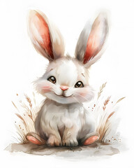 Wall Mural - A cute bunny with whiskers is happily sitting in the grass
