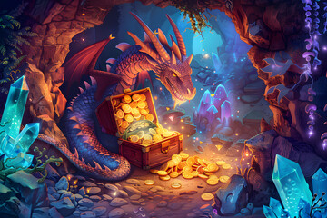 Wall Mural - A whimsical illustration of a dragon curled around a treasure chest, with gold coins and jewels spilling out, set in a dimly lit cave with glowing crystals