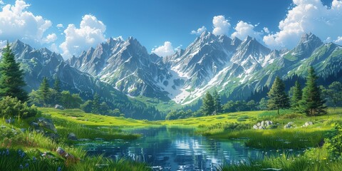 Wall Mural - Mountain Lake Landscape with Snow-Capped Peaks