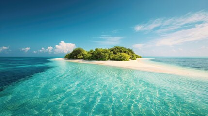 Wall Mural - Picturesque tropical island with a white sand beach stretching into the distance, framed by a tranquil blue sea and clear skies.