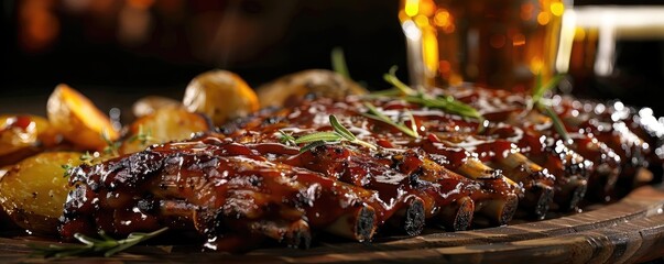 Poster - Close-up of delicious, juicy barbecued ribs on a wooden plate garnished with herbs with side potatoes and beer, perfect for a rustic dinner scene.