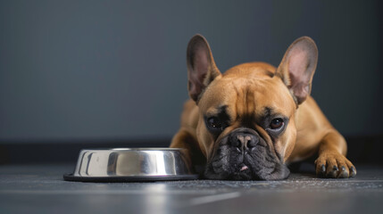 Wall Mural - Sad french bulldog dog with dog bowl isolated on clean background.