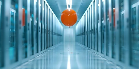 Wall Mural - Brown balloon floating in the center of a hightech AI server room. Concept Technology, Artificial Intelligence, Balloon, Server Room, Contrast