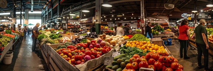 Wall Mural - A wide-angle shot captures the lively atmosphere of a bustling indoor farmers market, showcasing an abundance of fresh produce neatly arranged on stalls