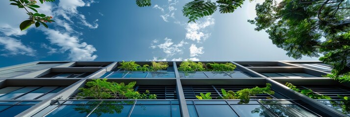 Wall Mural - A low-angle photograph showcasing a modern office building with a sleek design, large windows, and a green facade