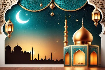 Wall Mural - A serene Ramadan wallpaper featuring a mosque and lanterns, symbolizing the peacefulness and spirituality of the holy month