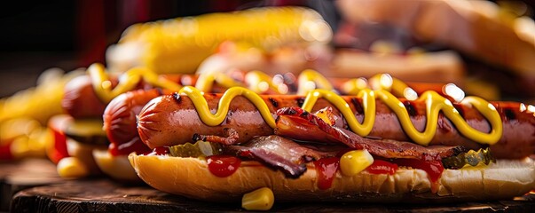 Delicious grilled hot dog topped with mustard and relish, served on a bun. Perfect for a barbecue or summer picnic.