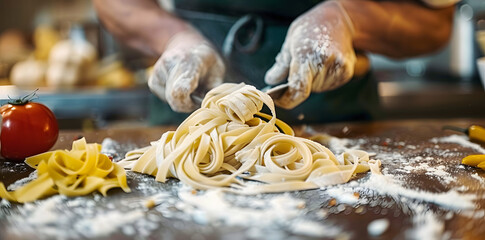 Wall Mural - Close up man's hands making homemade pasta on a black background