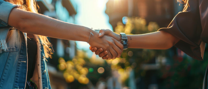 Two people shake hands in a sunlit urban setting, symbolizing connection and agreement.
