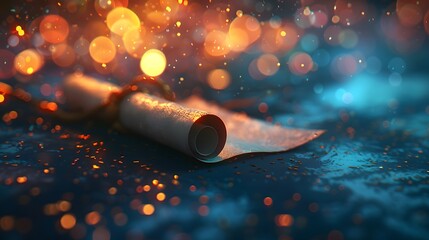 A gently blurred environment illuminated by radiant, multicolored bokeh lights, with a detailed close-up of a diploma scroll. conveys a sense of accomplishment and celebration.