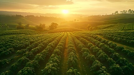 A beautiful green field of crops at sunset, overlooking rolling hills and the sun setting in the background. The fields have rows upon rows of tall coffee trees.