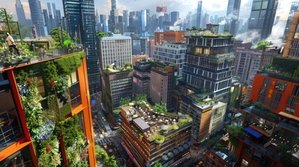 A highangle depiction of a citys skyline, showcasing numerous buildings adorned with vibrant rooftop gardens AIG59