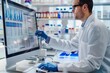 © DK_2020 - A lab technician analyzing data on a computer with graphs and charts related to immunology research displayed on the screen
