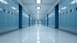 © Wimon - Pristine school hallway with rows of blue lockers, illuminated by fluorescent lights, creating a serene and organized environment, embodying the essence of Back to School