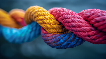 Team rope diverse strength connect partnership together teamwork unity communicate support. Strong diverse network rope team concept integrate braid color background cooperation empower power.