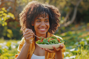 A woman is holding a salad bowl with a variety of vegetables including tomatoes.