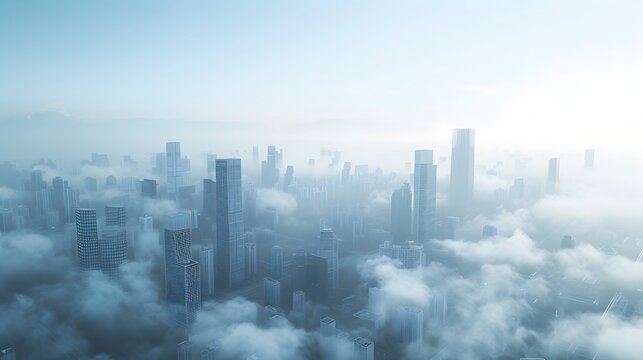 A foggy cityscape seen from above, with skyscrapers partially obscured by thick clouds. The sky is a soft blue gradient, creating an ethereal atmosphere over the urban landscape.