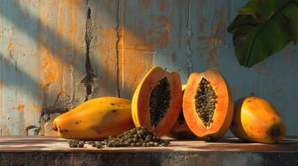 Wall Mural - Fresh papaya slices arranged on a rustic wooden table, great for food styling and photography