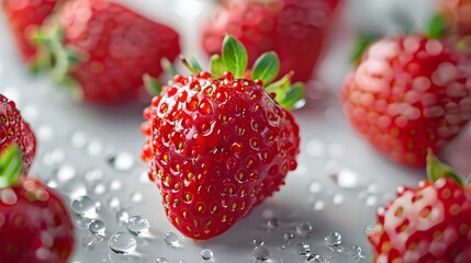 Wall Mural - A macro shot of ripe strawberries with glistening water droplets, showcasing the fresh and organic essence of strawberry fruits.