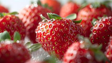 Wall Mural - A macro shot of ripe strawberries with glistening water droplets, showcasing the fresh and organic essence of strawberry fruits.