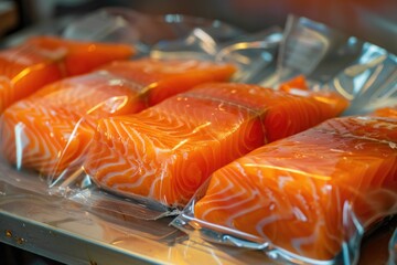 Wall Mural - Fresh salmon arranged on a metal tray