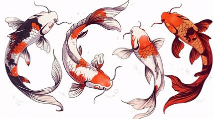 three koi fish swimming in a white background