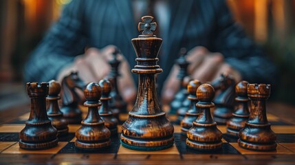 A detailed close-up image of a chessboard with a strong focus on the king piece, accentuating the intricate design of the chess set and suggesting the strategy involved in the game.