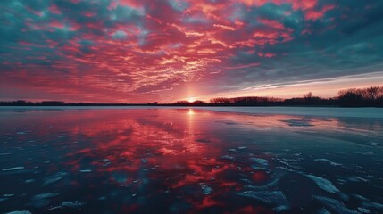 Wall Mural - A serene sunset scene on a frozen lake with a warm orange glow