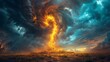 © svastix - A striking fire tornado twists and turns under a dramatic stormy sky, with vibrant orange and blue hues creating a spectacular contrast against the dark turbulent clouds.