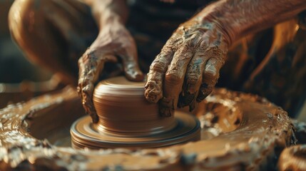 Close-up of craftsman shaping clay pottery on a wheel, artistic process, earthy tones. Handmade ceramic art concept