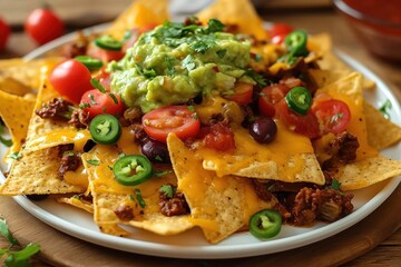 Poster - Traditional Mexican Corn nacho chips. Traditional Mexican Nachos chips with beef, guacamole and salsa on  background with copy space. Mexican Food Concept with Copy Space.