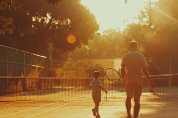 Wall Mural - Father-son duo enjoying a game of tennis, suitable for family or sports-themed images